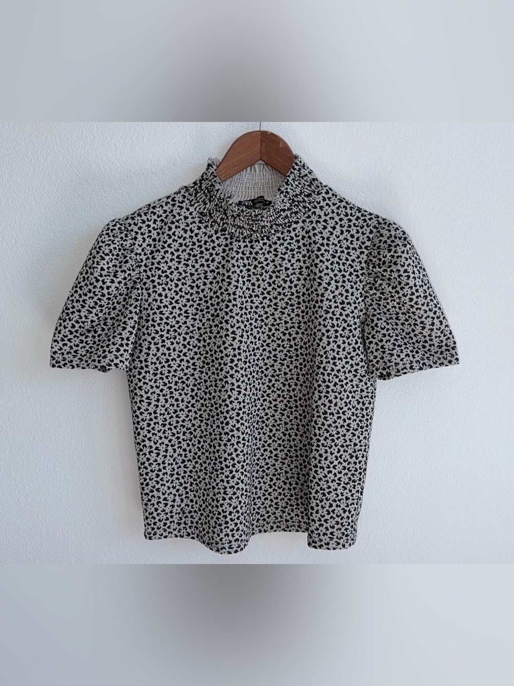 Zara Black and White Smocked Mock Neck Tee